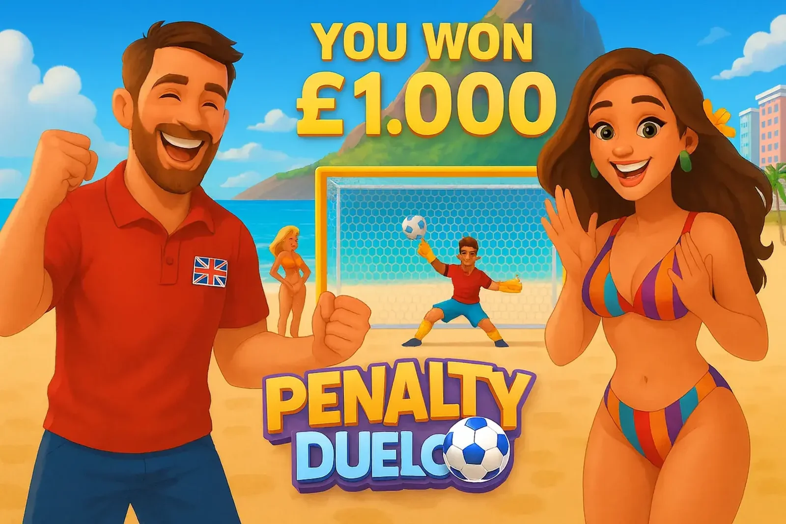 A happy couple celebrates winning £1,000 in the Penalty Duel game. The man wears a shirt with a UK flag. In the background, a goalkeeper saves a penalty on a beach football pitch.