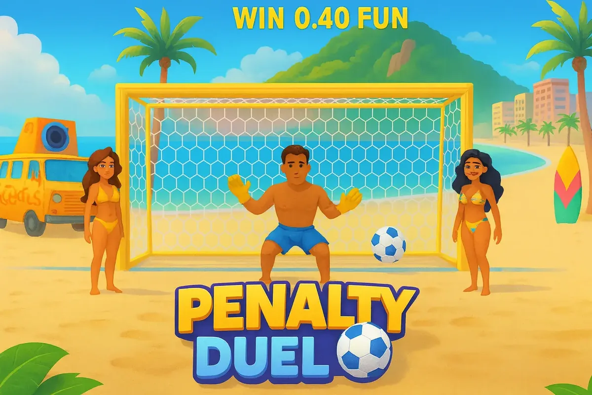 The main screen of the Penalty Duel game, set on a tropical beach. A goalkeeper stands ready in the goal, flanked by two women in bikinis, with the text WIN 0.40 FUN displayed above.