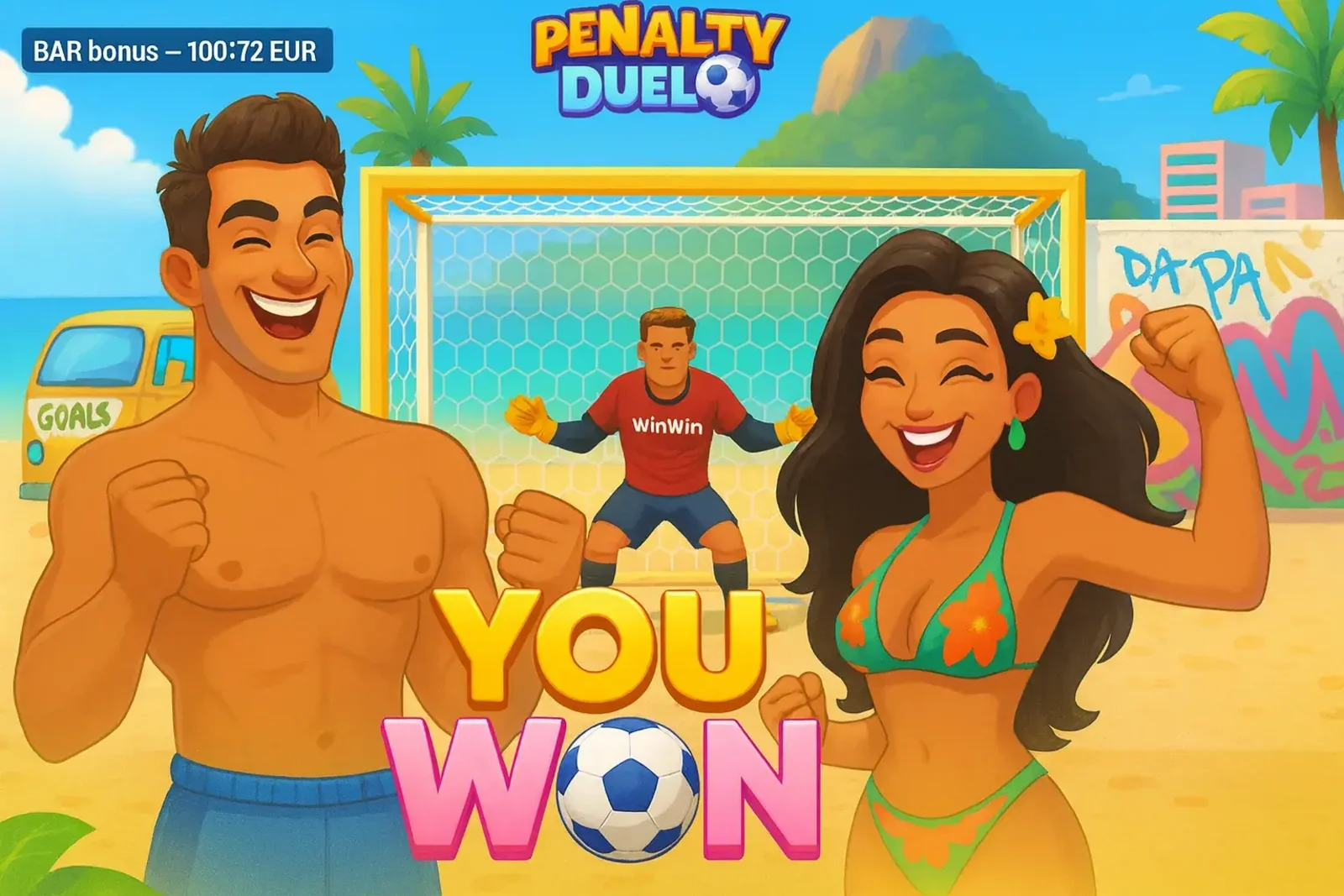 A man and woman celebrate a win in the Penalty Duel game on a sunny beach. The text YOU WON is in the foreground, with a goalkeeper in the goal behind them. A bonus amount of 100.72 EUR is shown.