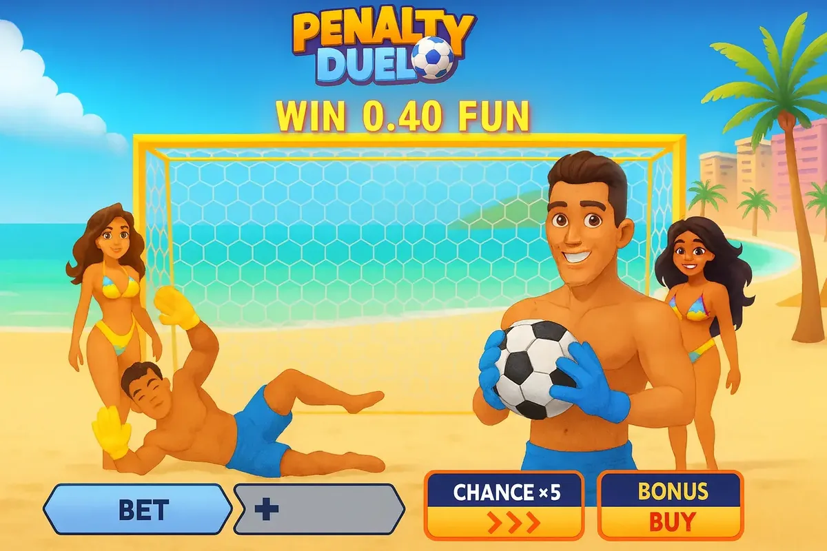 A screenshot of the Penalty Duel game interface on a beach. One player holds a soccer ball ready to shoot, while another dives for a save. The game shows a win of 0.40 FUN and buttons for betting and buying a bonus.