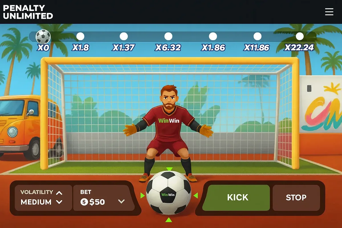 The gameplay interface for the Penalty Unlimited game. A goalkeeper in a red jersey stands in the goal. The player can aim their kick using arrows around the ball. Betting controls and potential multipliers are visible.
